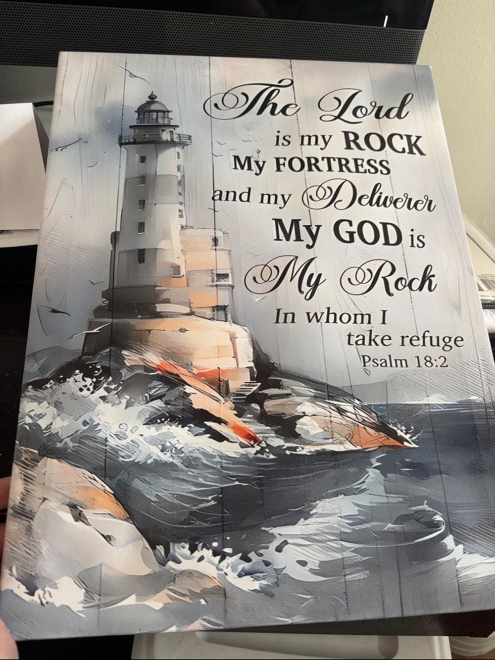 Inspirational Lighthouse Wall Art - Gray and Blue 16x12
